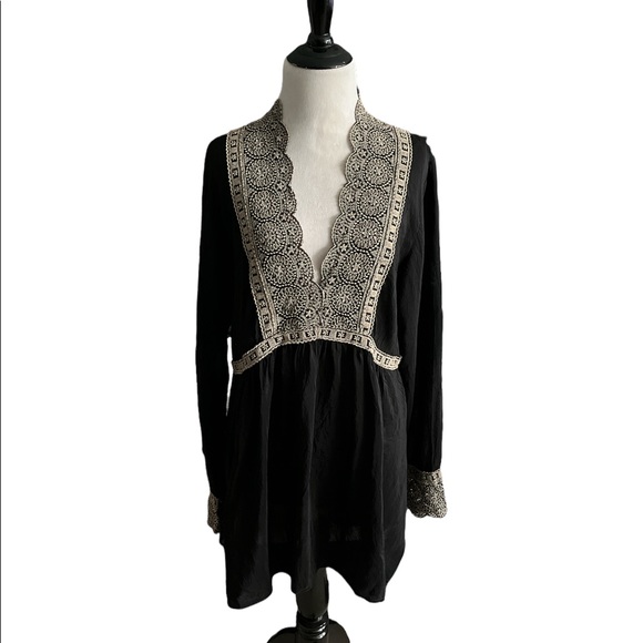 JOHNNY WAS rare black tunic top/dress tan-gold embroidery size large - Picture 9 of 9